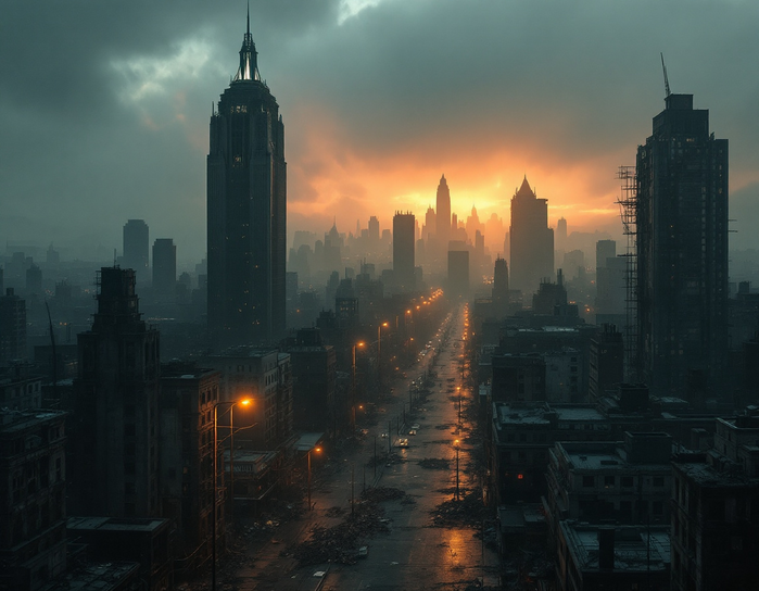 Apocalyptic Sunset over a Deserted High-Rise City Skyline Poster Print 18 x 24 in