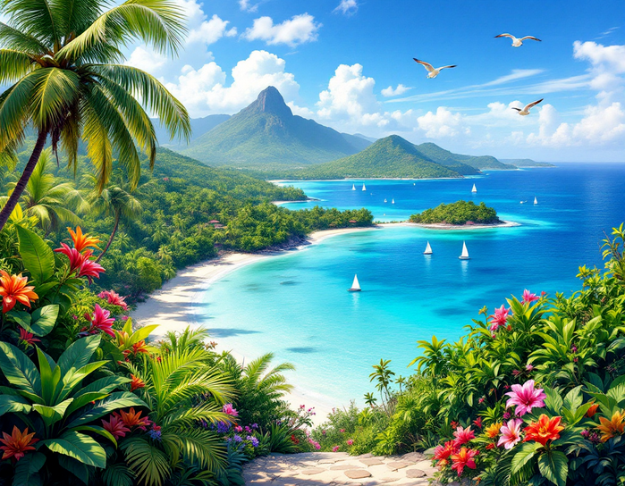 Tropical Beach and Turquoise Water, Palm Trees and Sailboats Poster 18 x 24 in