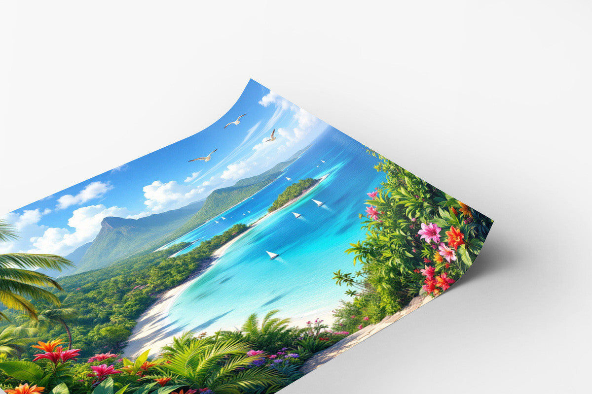 Tropical Beach and Turquoise Water, Palm Trees and Sailboats Poster 18 x 24 in