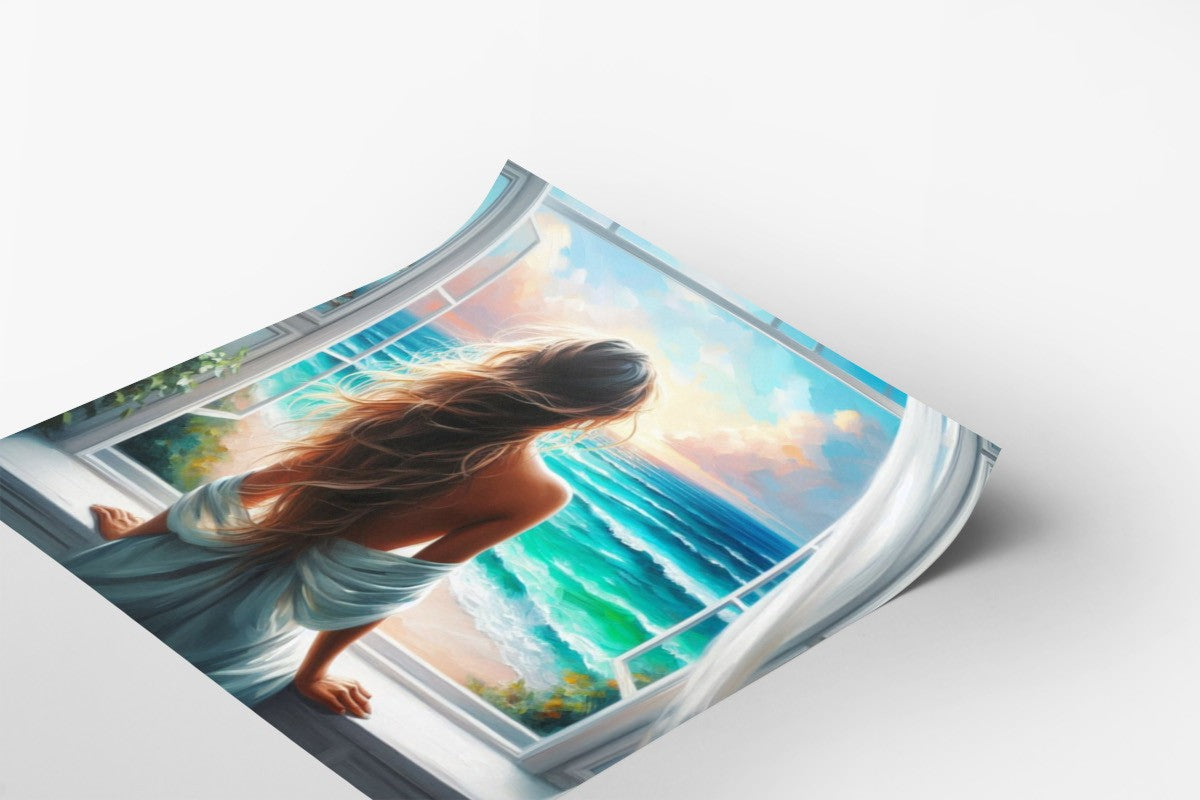 Woman Alone Looking out over Breezy Tropical Sea Beach Poster Print 24 x 24 in