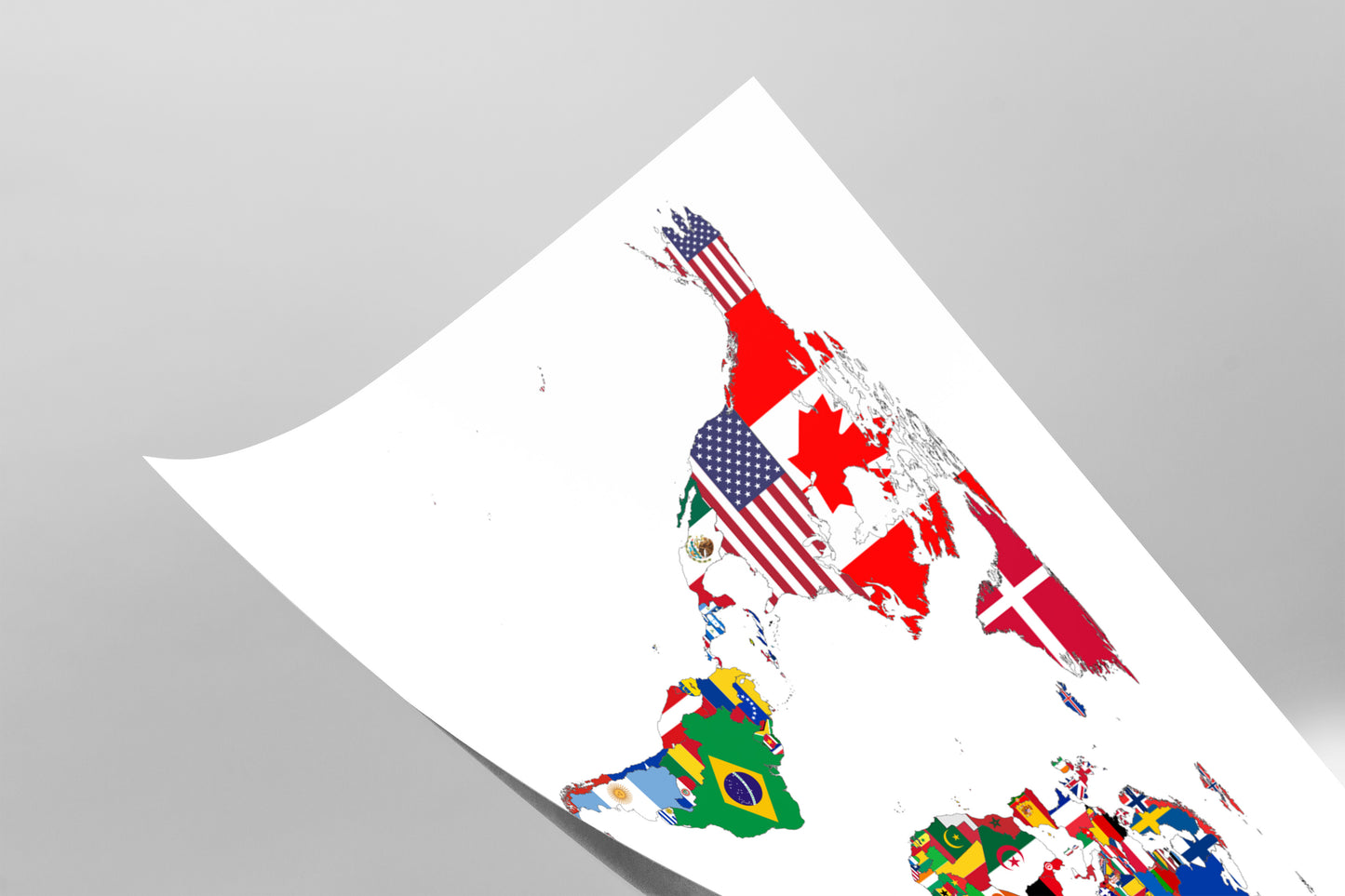 The image is a colorful map of the world, with various countries and regions represented by different flags and national symbols.