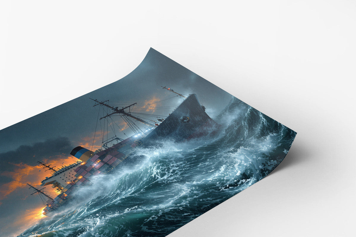 Cargo Ship Battles Strong Waves on Stormy Seas at Night Poster Print 18 x 24 in