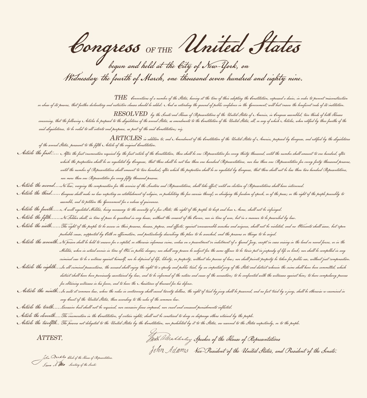 Bill of Rights U.S. United States 1787 Resolution Broadsheet Poster Art Print 24 x 26 in