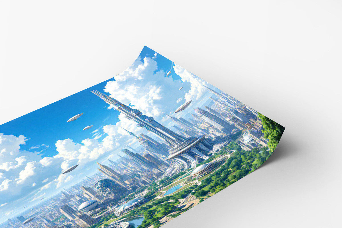 Futuristic Cityscape with Towers, Airships, and Green Spaces Print 18 x 24 in