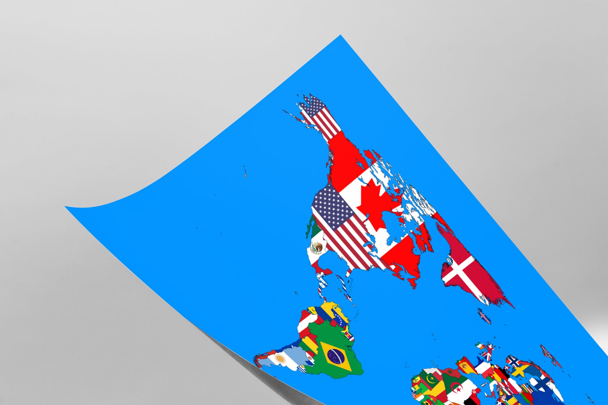 A colorful map of the world with various national flags overlaid on it.