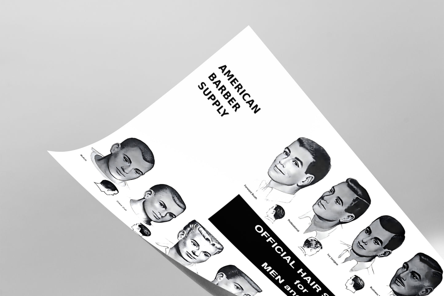 The image is a black and white advertisement for American Barber Supply featuring a collage of stylized portraits of men's hairstyles.