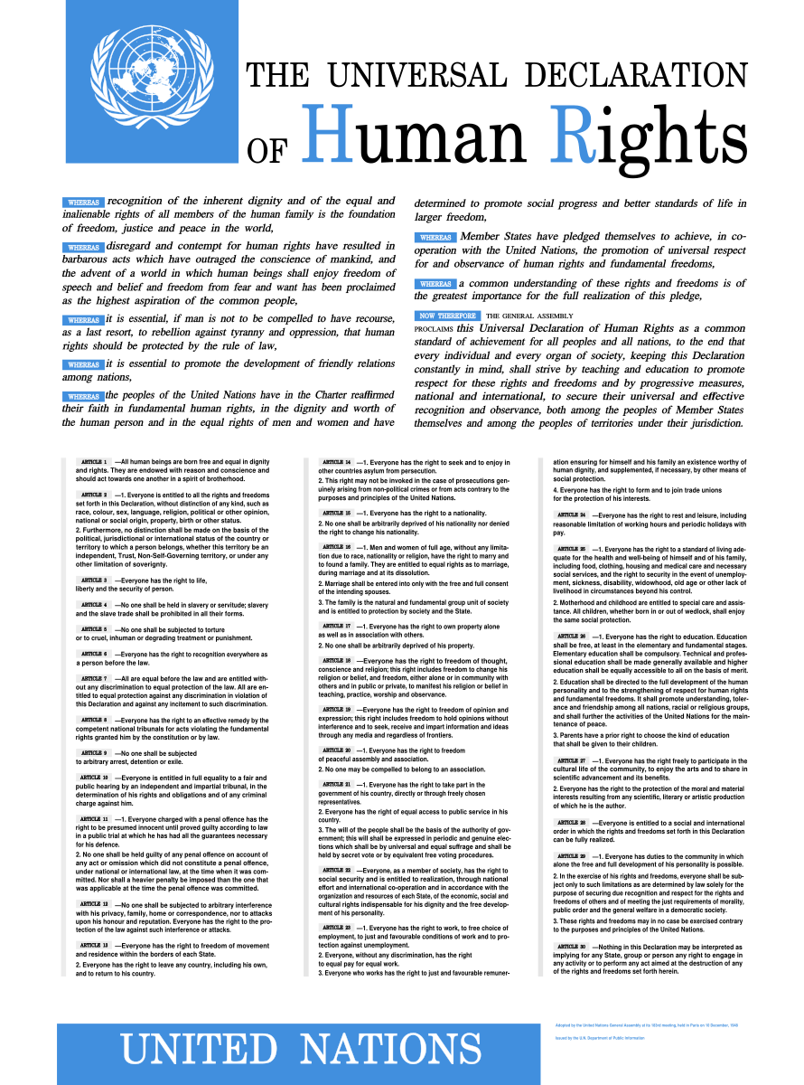 The image is a poster for the Universal Declaration of Human Rights, featuring the logo of the United Nations and the title of the declaration.