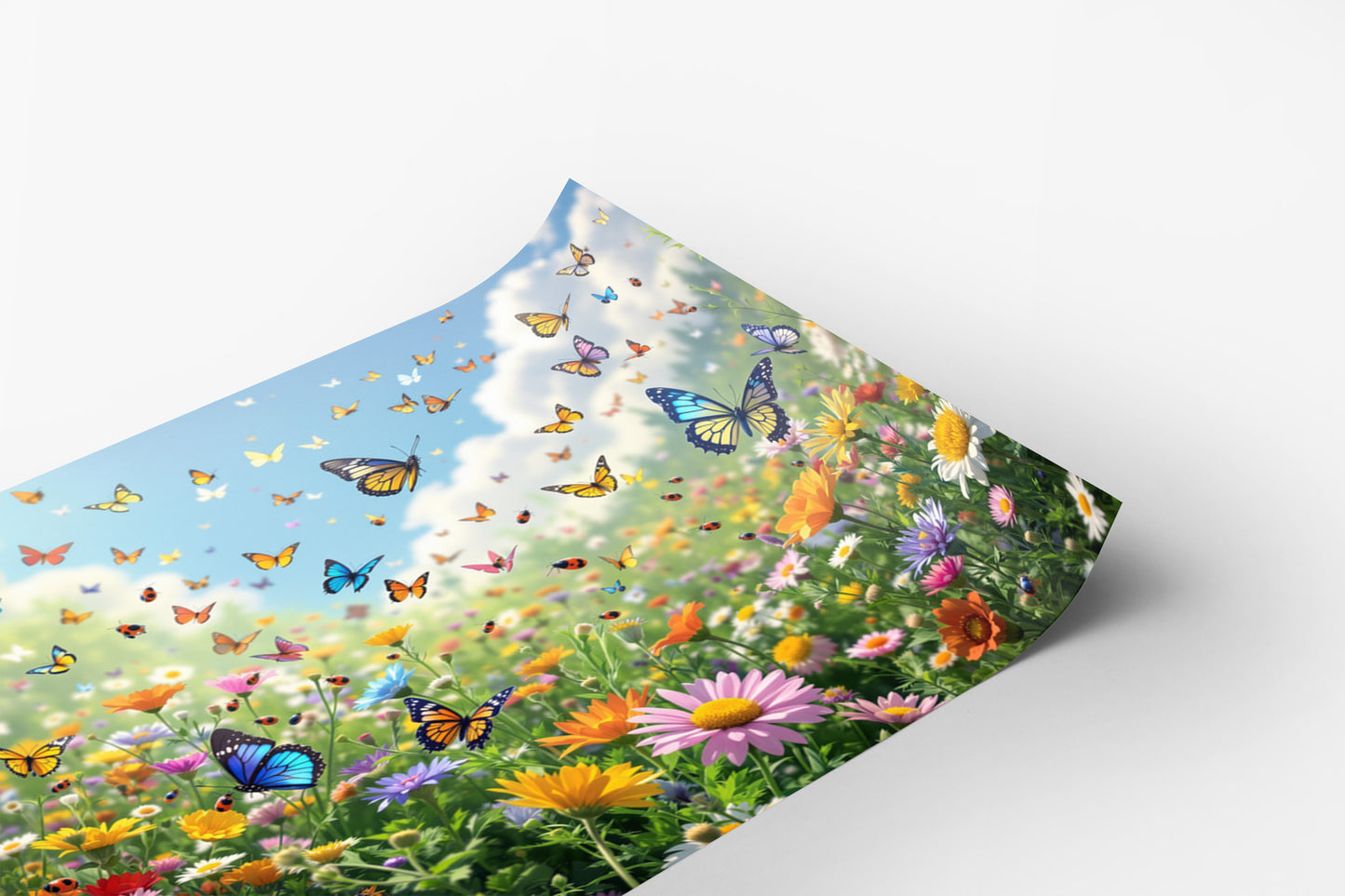 A vibrant and colorful collage of a field filled with blooming flowers, butterflies, and a blue sky with fluffy clouds.