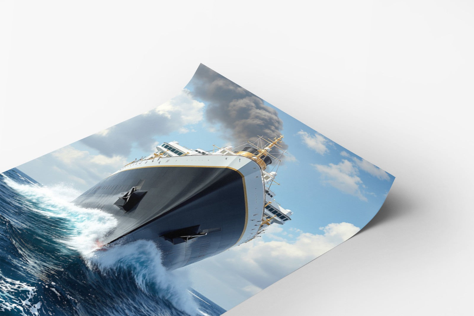A large cruise ship is seen sailing through rough waters, with smoke billowing from its smokestack, creating a dramatic scene.