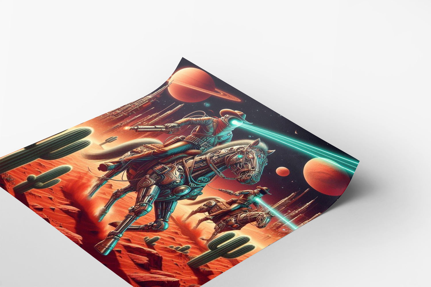 A futuristic scene featuring a person riding a horse through a desert landscape, with planets and other celestial bodies visible in the background.
