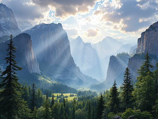 Sunlit Valley amidst Majestic Mountains and Pine Forests Poster Print 18 x 24 in