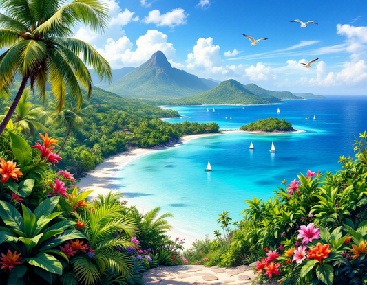 Tropical Beach and Turquoise Water, Palm Trees and Sailboats Poster 18 x 24 in