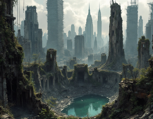 Post-Apocalyptic City Metropolis Skyscrapers Water Overgrown Poster 18 x 24 in A