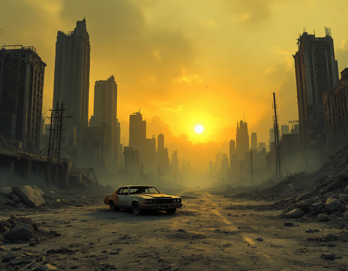 Abandoned Car on a Deserted Road in a Post-Apocalyptic City Poster Print 18 x 24 in