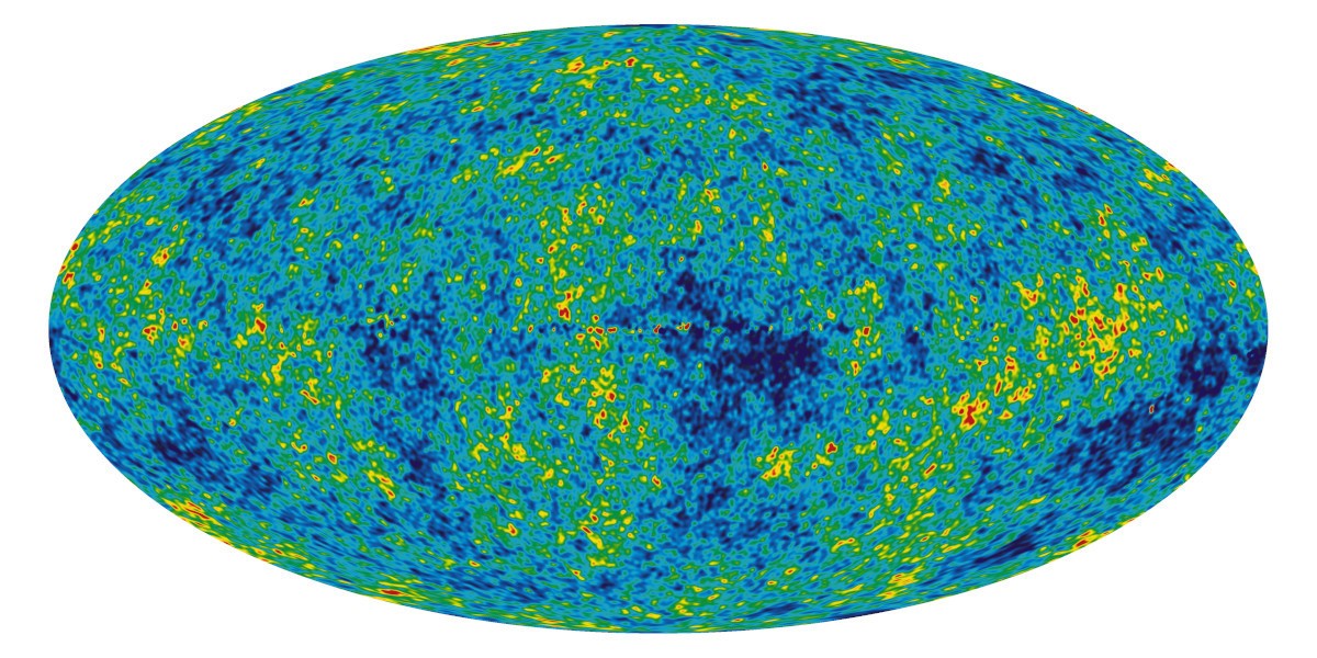 The image is a colorful, abstract representation of a cosmic microwave background, which is a key piece of evidence for the Big Bang Theory. The image is a collage of various colors and patterns, creating a visually striking and dynamic representation of the universe's early stages.