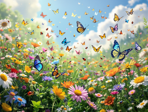 Butterflies and Ladybugs Fill the Sky over a Sunny Meadow Poster Print 18 x 24 in