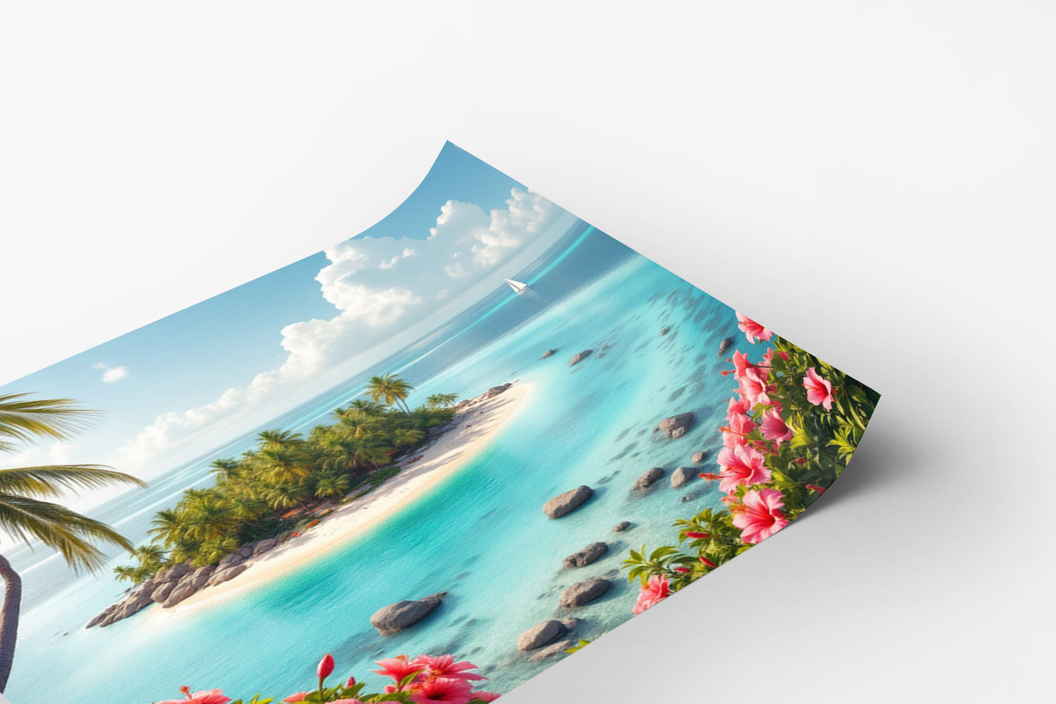 A tropical island with palm trees, a sandy beach, and a clear blue ocean with a small boat in the distance.