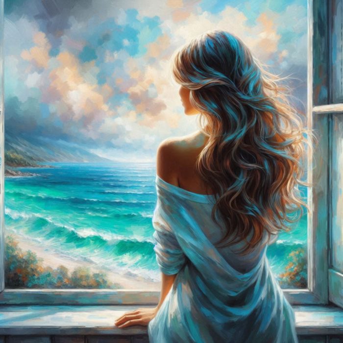 Woman Alone Looking out over Breezy Tropical Sea Clouds Poster Print 24 x 24 in