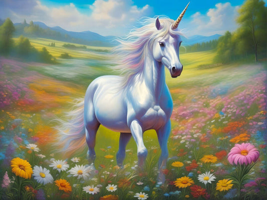 Unicorn Running Meadow Flowers Soft Peaceful Mythology Poster Art Print 18 x 24 in