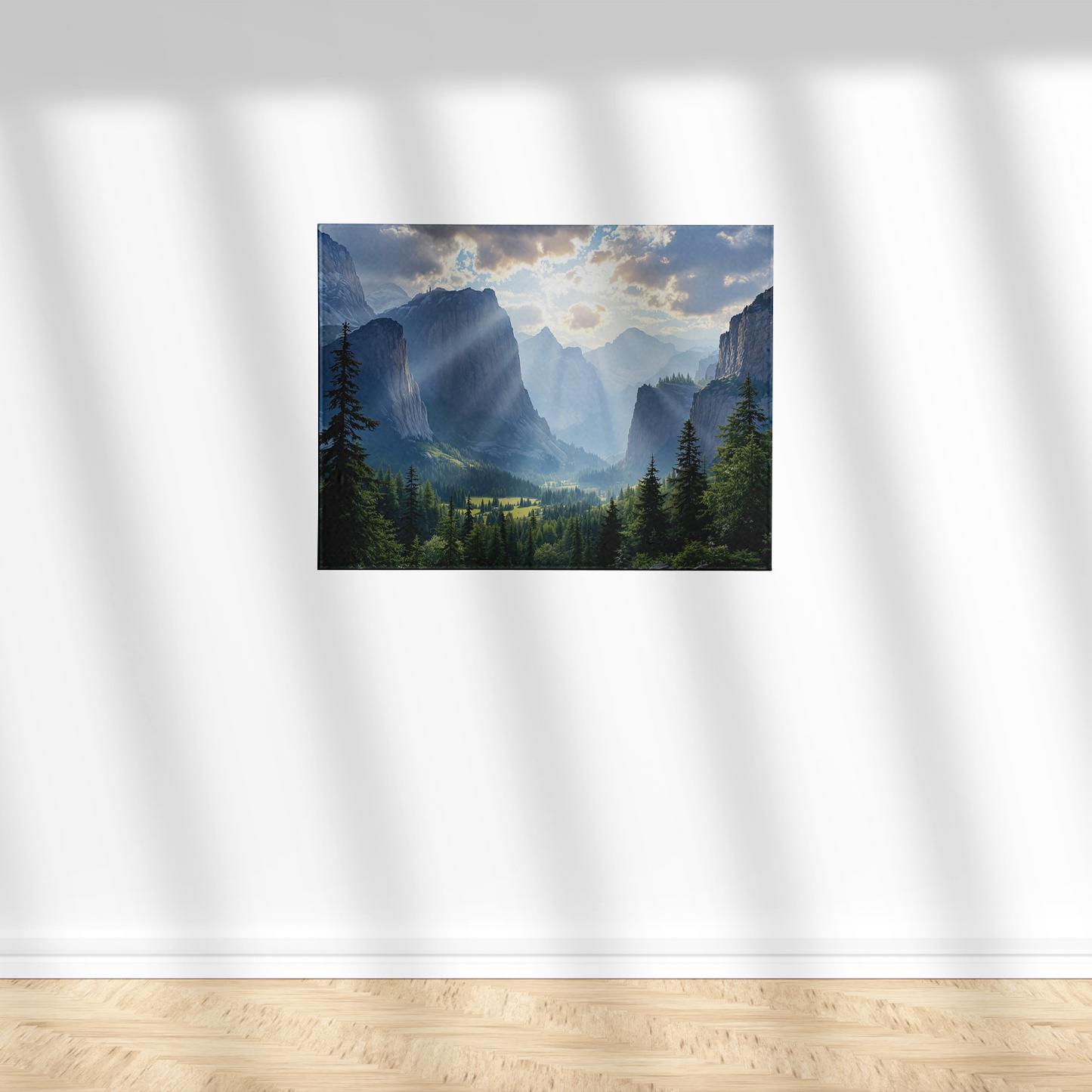 Sunlit Valley amidst Majestic Mountains and Pine Forests Poster Print 18 x 24 in