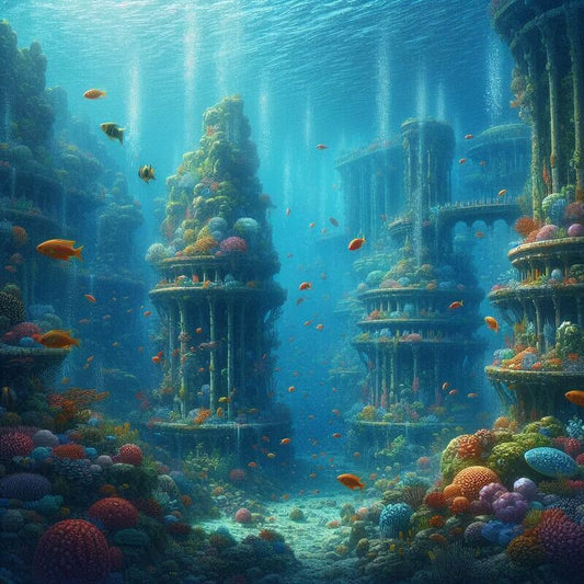 Underwater Tropical Seascape Flood City Ruins Fish Plants Poster Print 24 x 24 in