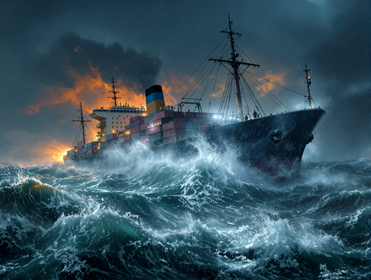 Cargo Ship Battles Strong Waves on Stormy Seas at Night Poster Print 18 x 24 in