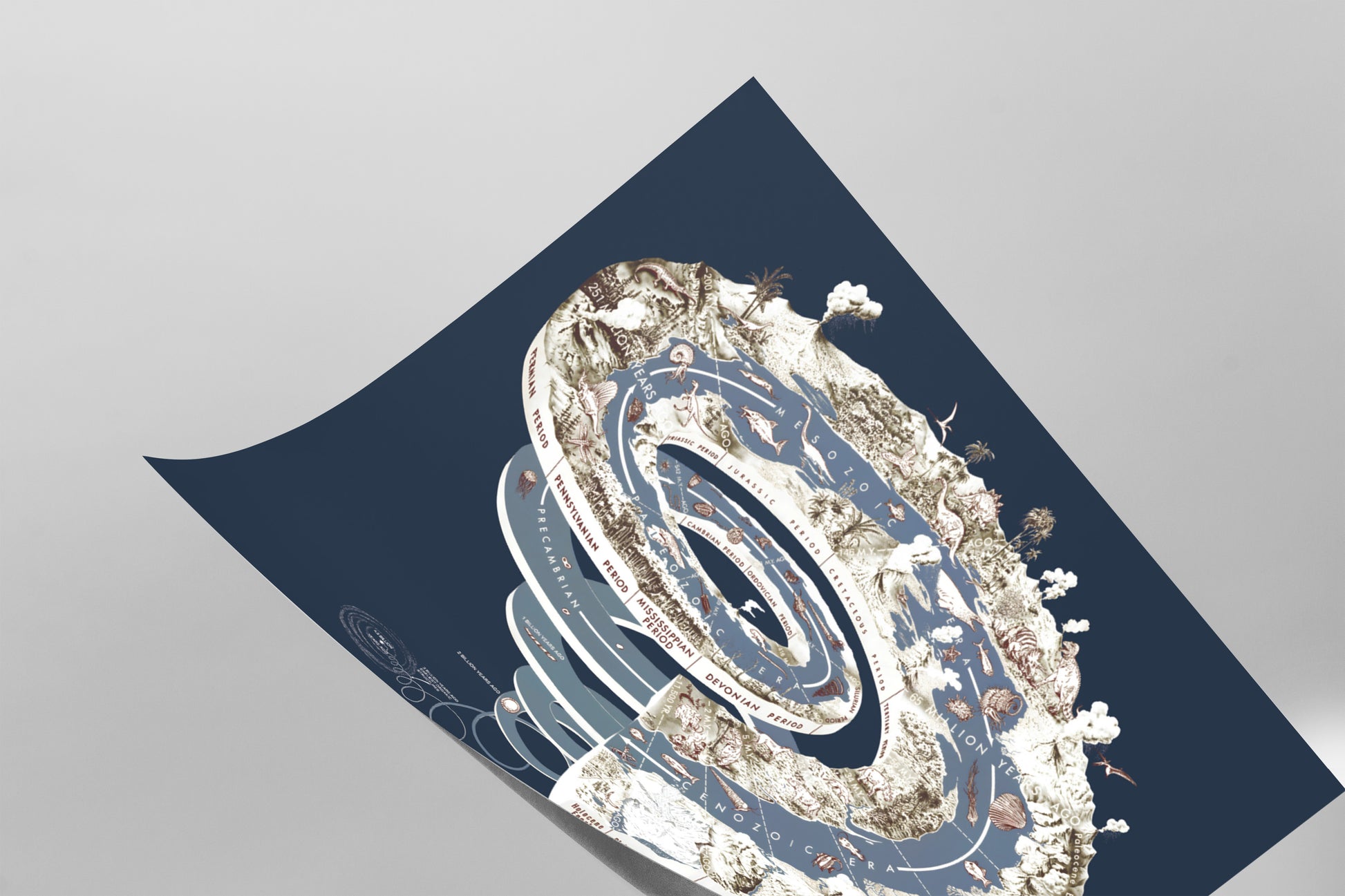 The image is a digital artwork featuring a spiral pattern with various elements such as clouds, mountains, and other natural scenery.