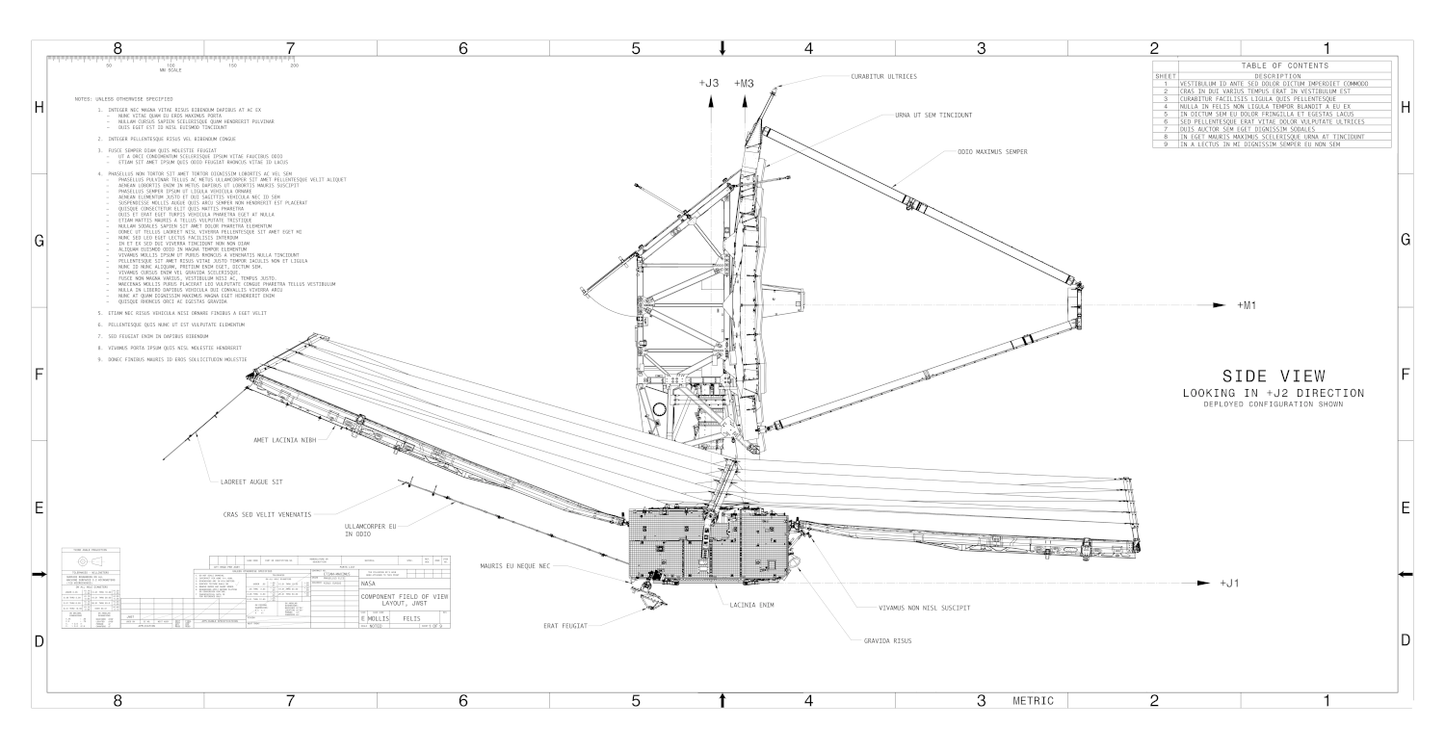 The image is a technical drawing or diagram of a structure, likely a satellite or telescope, with various labeled parts and components. The drawing includes detailed annotations and measurements, providing a comprehensive view of the structure's design and construction.