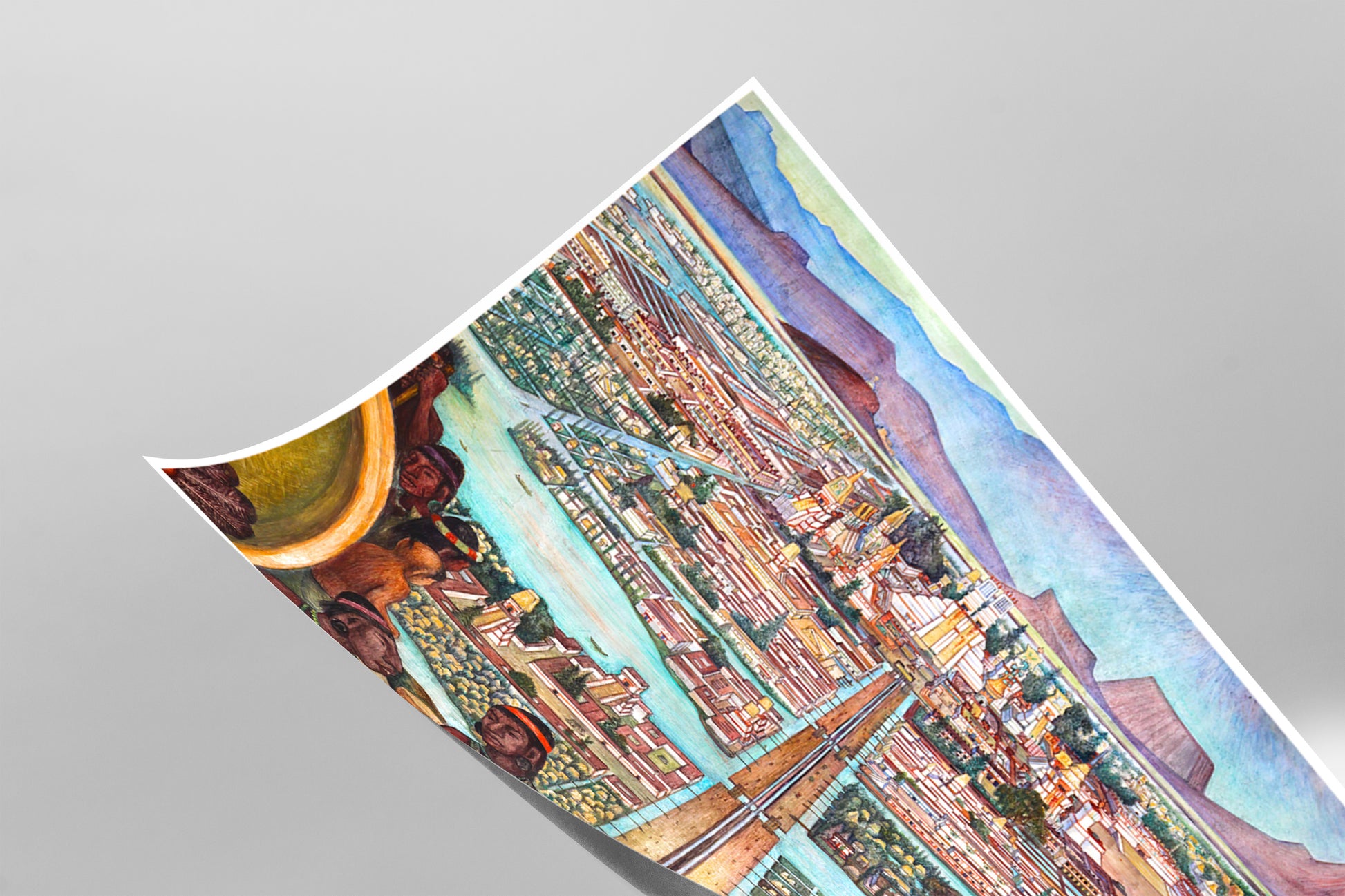 The image is a vibrant, colorful painting depicting a cityscape with buildings, mountains, and a river.