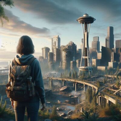 Post Apocalyptic American City Seattle Woman Viewing Ruins Space Needle Poster 24 x 24 in