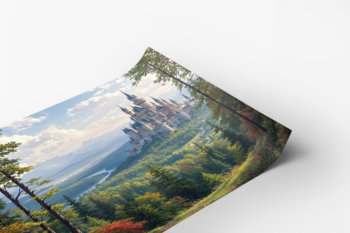 Majestic Castle amidst Lush Forest and Distant Mountains Poster Print 18 x 24 in