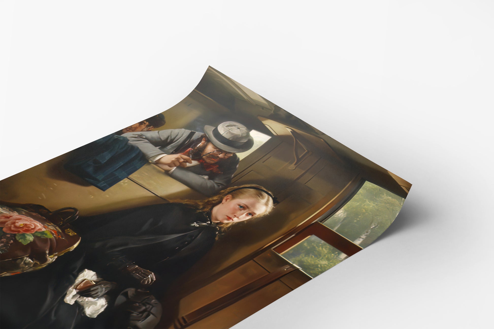 The image is a painting depicting a woman sitting in a train, with a man in a hat and coat visible in the background.