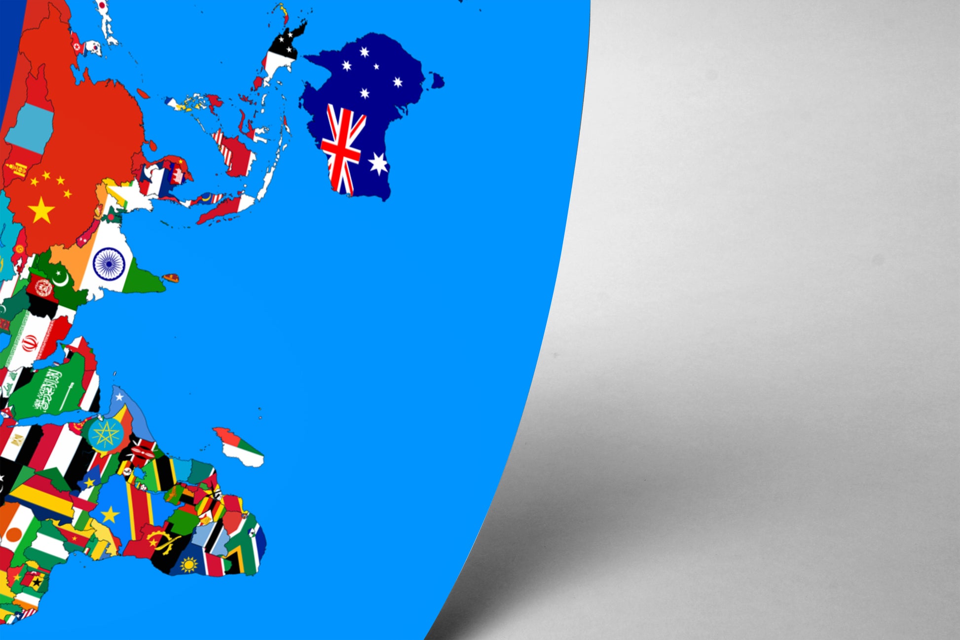 The image is a colorful map of the world, with various countries and regions represented by different flags and national symbols.