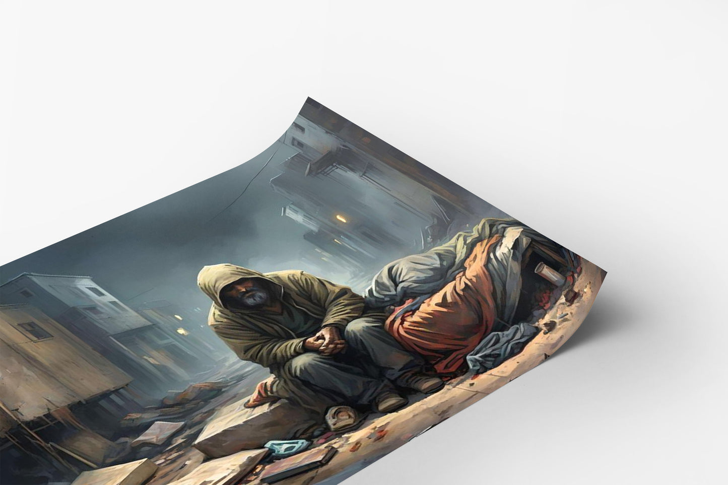 a person sitting on a ledge in a city, surrounded by rubble and debris, conveying a sense of desolation and struggle.