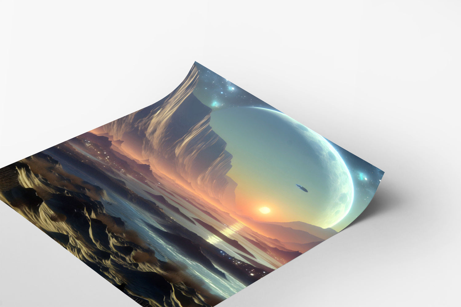 The image is a digital artwork depicting a surreal landscape with a large moon, mountains, and a sunset over the ocean.