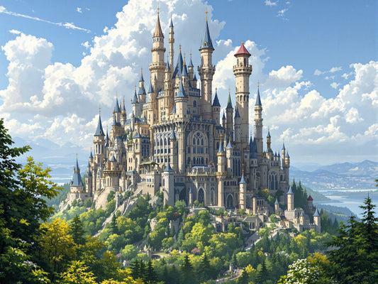 Many-Spired Castle Dominating a Forested Landscape from a Hill Poster Print 18 x 24 in