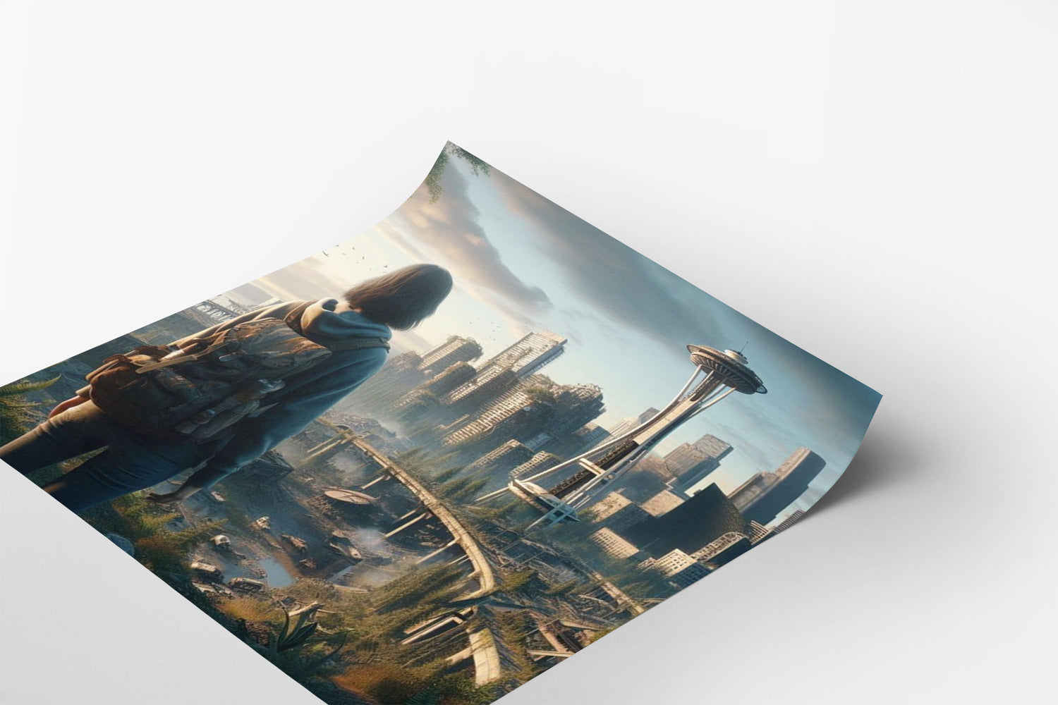 A person standing in a cityscape with a futuristic city skyline in the background, including a large observation tower.