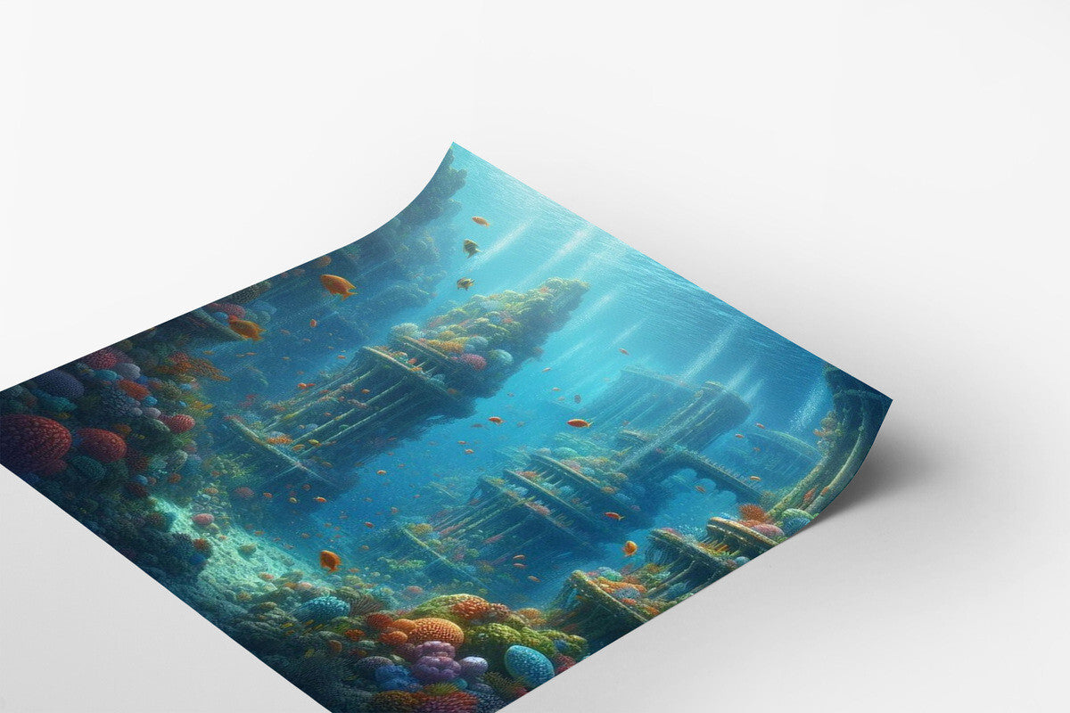 Underwater Tropical Seascape Flood City Ruins Fish Plants Poster Print 24 x 24 in