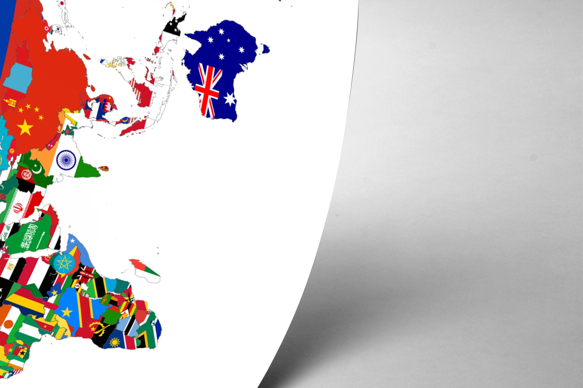 The image is a colorful map of the world, with various countries and regions represented by different flags and national symbols.