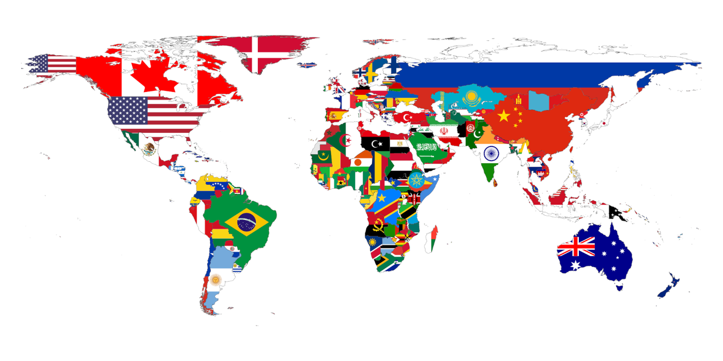 A world map with the flags of various countries and regions overlaid on it.
