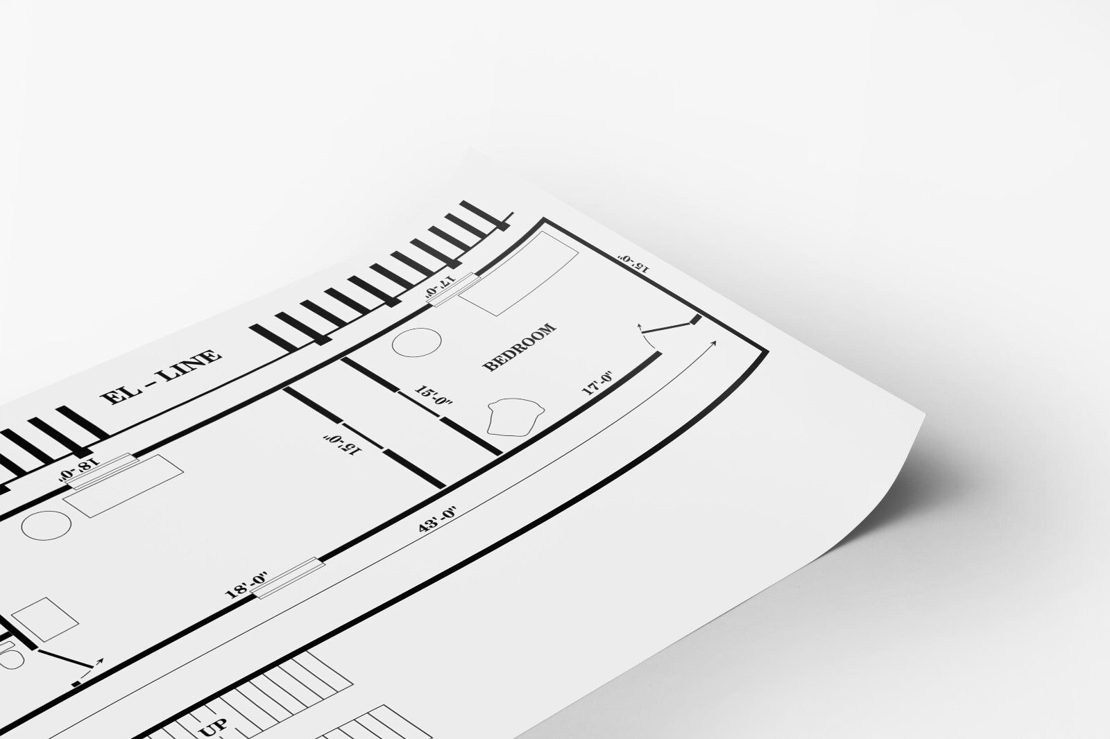 A black and white architectural drawing or floor plan of a building, with various rooms and dimensions labeled.
