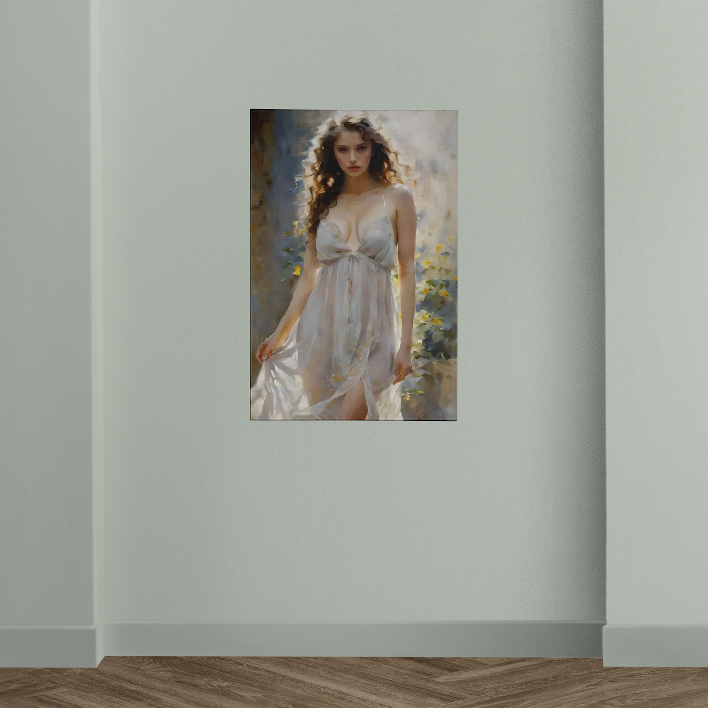 Girl Woman in a White Dress Springtime Flowers Oil Painting Poster Art Print D