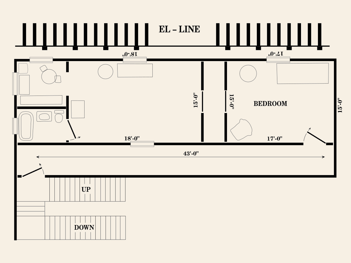 The image is a floor plan or layout of a room or space, with dimensions and labels indicating the various areas and furniture within the space.