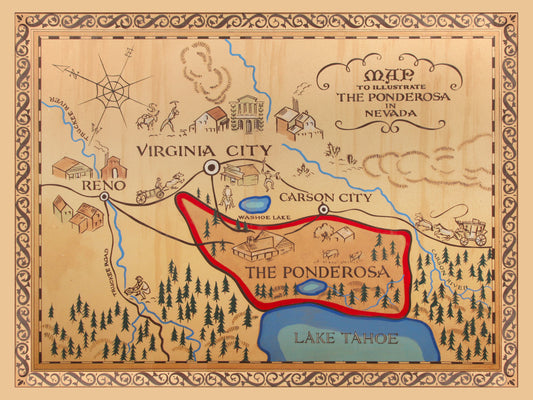 The image is a map of the Ponderosa region in Nevada, depicting various landmarks and locations such as Virginia City, Reno, Carson City, and Lake Tahoe.