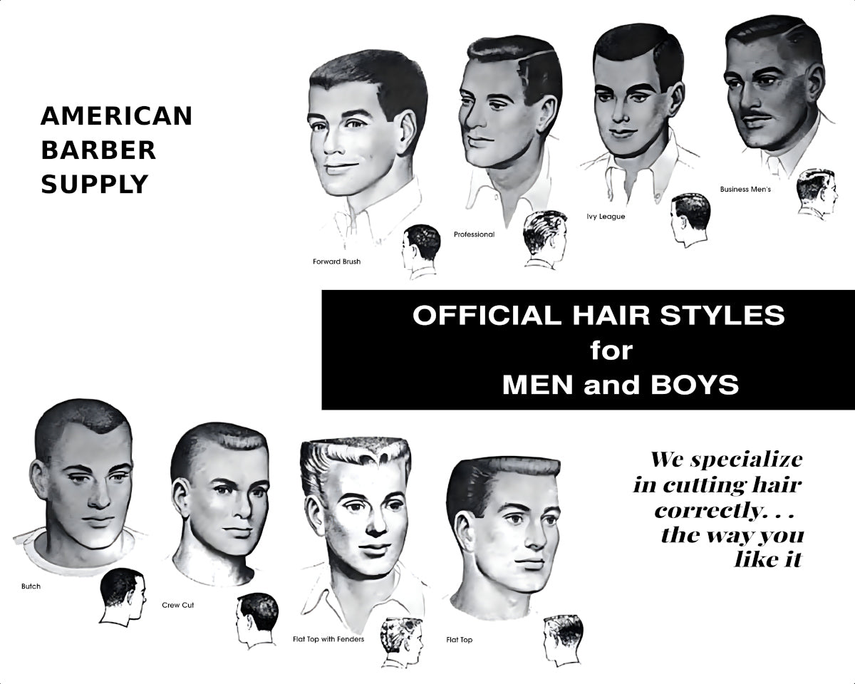 The image is a black and white advertisement for American Barber Supply featuring various hairstyles for men and boys.