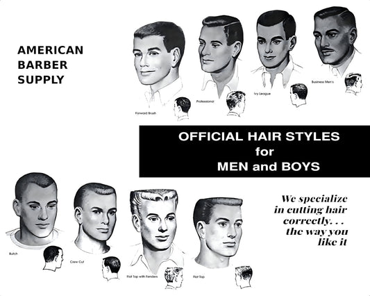 The image is a black and white advertisement for American Barber Supply featuring various hairstyles for men and boys.
