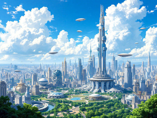 Futuristic Cityscape with Towers, Airships, and Green Spaces Print 18 x 24 in