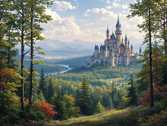 Majestic Castle amidst Lush Forest and Distant Mountains Poster Print 18 x 24 in