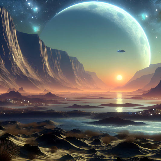 Alien Landscape at Sunset Cliffs Large Moon Spaceship Poster Art Print 24 x 24 in