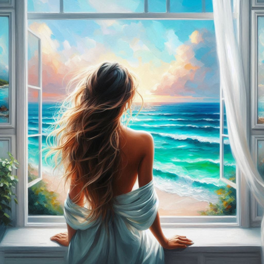 Woman Alone Looking out over Breezy Tropical Sea Beach Poster Print 24 x 24 in